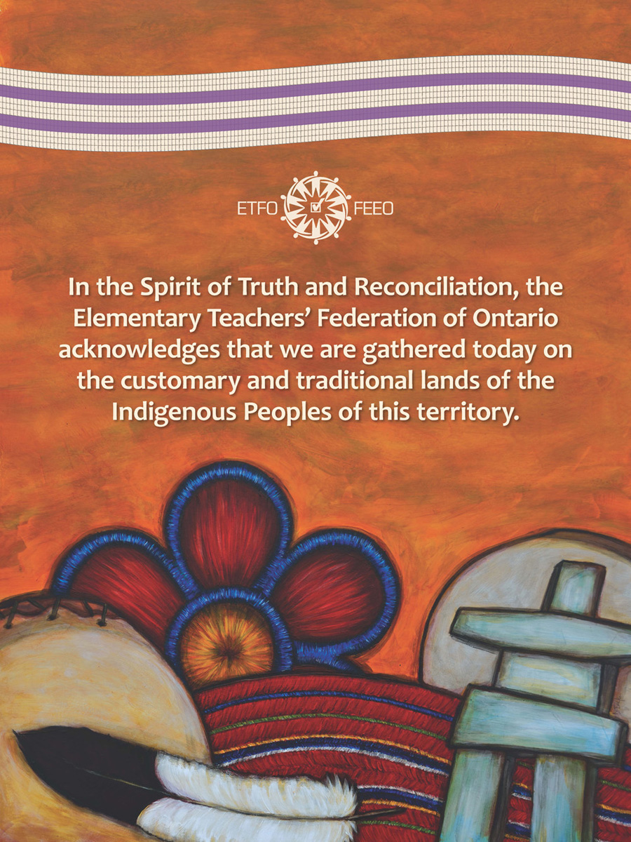 Poster of Indigenous symbols including a feather, beading, a drum, a ceinture flesher, an and inukshuk,