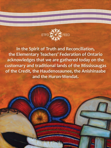 Poster of Indigenous symbols including a feather, beading, a drum, a ceinture flesher, an and inukshuk,