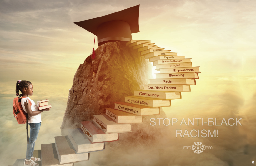 Stop Anti-Black Racism Poster. A young girl going up stairs made of books.