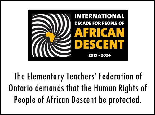 The logo for ETFO's anti-Black racism strategy. It is a Yellow silhouette of Africa with black and white stripes radiating from it in a spiral form. There are words below it that say "The Elementary Teachers' Federation of Ontario demands that the Human Rights of Peopel of African Descent be protected.