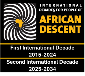 Black and yellow logo celebrating the First and Second International Decades for People of African Descent.
