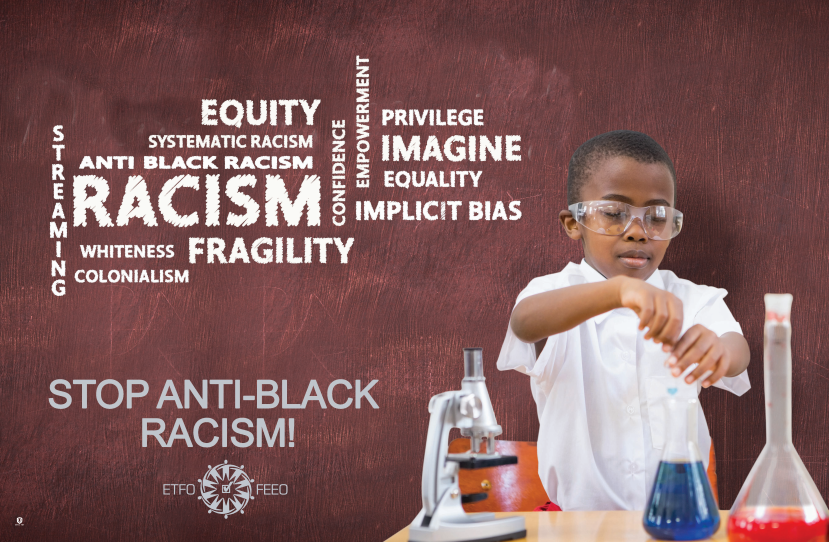 Stop Anti-Black Racism Poster. A young Black boy working in a lab.